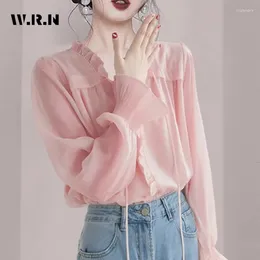 Women's Blouses 2024 Summer Sweet Round Neck Elegant Solid Pink Long Sleeve Shirt Women Causal Chic Soft Lace-up Chiffon Tees Top