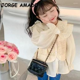 Clothing Sets Spring And Autumn Kids Girl Set Cute Fake Two Piece Turn-down Collar Shirts Elastic Waist Full-length Denim Jeans H2335