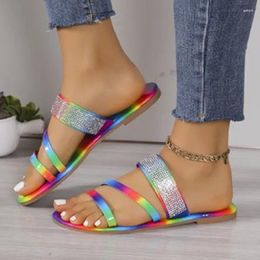 Slippers 2024 Summer Explosion Models Rhinestone Rainbow Women Sandals Beautiful Female Outdoor Beach Fashion Flat Shoes