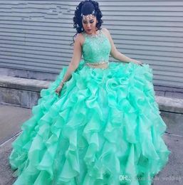 2019 Mint Green Two Pieces Quinceanera Dress Princess Cascading Puffy Sweet 16 Ages Long Girls Prom Party Pageant Gown Plus Size C9305845