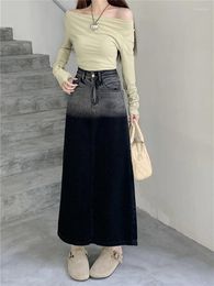 Skirts Gradient Print Long Women Split Modis High Waist Korean Style Loose Pleated Ladies A-Line Woman