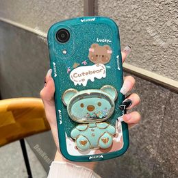 Bear Makeup Mirror Silicone Holder Phone Case For Samsung Galaxy A03CORE A04 A05 A04S A04E A03 A05S A13 A20S A21S A14 A22 Cover