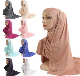 Muslim Women Rhinestone Cotton Jersey Long Scarf Rhinestone Headscarf Islamic Hijab Head Wrap Arabic Malaysian Solid Pashmina2130550