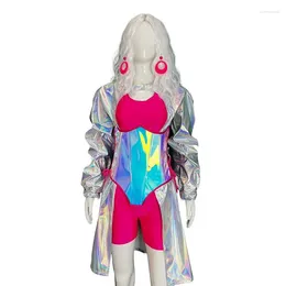 Stage Wear Silver Rose Laser Rave Outfit For Women Singer Dancer Performance Dance Costume Bar Nightclub Groups