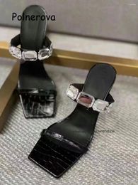 Slippers Black Square Toe Diamond Stone Grain Open Women's Shoes Narrow Band Front Strap Sexy Chunky Heel Heightening