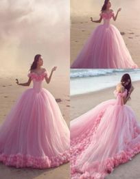 Baby Pink Ball Gown Quinceanera Dresses Off Shoulder Sweep Train Long Flowers Prom Dress Elegant Formal Party Gowns6424826