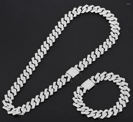 Chains 15mm Miami Prong Cuban Chain Link Silver Colour Necklaces 2 Row Full Iced Out Rhinestones Bracelet Set For Mens Hip Hop5510563