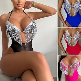 Women's Swimwear Deep V-neck One-piece Bikini Swimsuit Women Backless Tassel Sequins Dress Sexy Bodysuits Beach Bathing Suit Cover Up