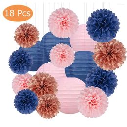 Party Decoration 18pcs Rose Gold Navy Blue Pink Tissue Pom Poms Event Supplies Paper Flowers Lanterns For Baby Shower Wedding Decor