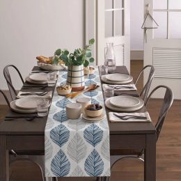 Blue Grey Leaf Linen Table Runners Dresser Scarves Table Decor Farmhouse Kitchen Dining Table Runners Wedding Party Decorations
