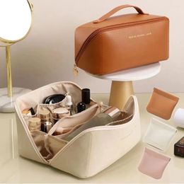 Storage Bags Large Capacity Travel Cosmetic Bag Pu Leather Makeup Women Organiser Portable Pouch Open Flat Toiletry