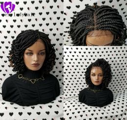 2020 NEW lace frontal short Braided Wigs for Black Women Synthetic Lace Front braids Wig with curly tips Baby Hair8174405