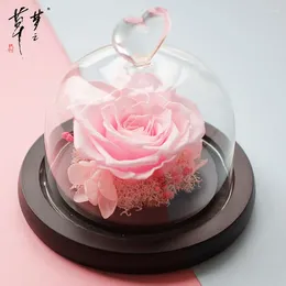Decorative Flowers Valentine Artificial Eternal Rose Heart Glass Dome Ornament Forever Preserved Wedding Velentine Gifts Box Decor