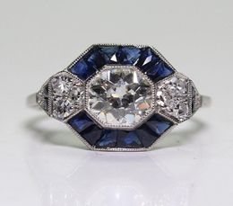 Antique Jewelry 925 Sterling Silver Diamond Sapphire Bride Wedding Engagement Art Deco Ring Size 5121214501