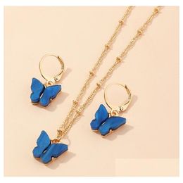 Earrings & Necklace New Butterfly Pendant Necklaces And Set For Women Girls Fashion Pink Gold Elegant Choker Sweet Jewelry Gift Epack Dhoda