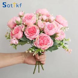 Decorative Flowers Factory Direct Sale Silk Peony Rose Pink 30cm Fake Bouquet 5 Big Heads 4 Buds Home Wedding Decoration Interior Prop