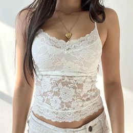 Women's Tanks Sexy Transparent Lace Camisole Women Summer V Neck White Y2K Cute Strappy Top Fashion Street Aesthetic Tank Vest 90s