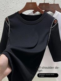 Women's T Shirts Round Neck Short Sleeved T-shirt Summer Studded Off Shoulder Sexy Elastic Loose Oversized Black Top