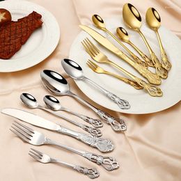Dinnerware Sets 1PC Gold Stainless Steel Knife Spoon Fork European Vintage Hollowed Out Tableware For Steak Fruit Dessert Wedding Party