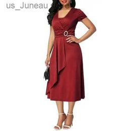 Basic Casual Dresses Plus Size Dress Elegant Women Solid Color Short Slve V Neck Asymmetric Hem Waist Tight Midi Party Dress Ladies Evening Vestido 1 T240415