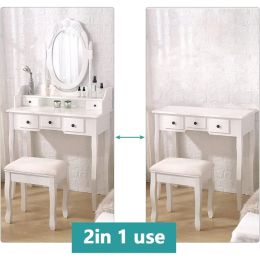 Vanity Mirror Table Set, Makeup Desk Vanity with Stool, Vintage Bedroom Vanity Lots Storage Dressing Table White for Women and