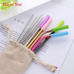 Drinking Straws 16pcs/set Portable Stainless Steel Set Metal With Silicone Cover Cleaning Brush Outdoor Drinkware Tools