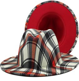 New Plaid Print Jazz Fedora Hat Women Red Fascinator Top Cap Wide Brim Elegant Church Wedding Hat Sombreros De Mujer8091059