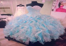2018 New Light Sky Blue Beaded Ball Gown Quinceanera Dresses Sweetheart Neckline Pleated Prom Gowns Organza Ruffled Sweet 16 Dress1967370