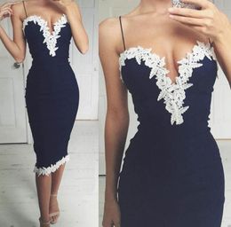 Sexy Sheath Column Cocktail Party Dresses Deep Sweetheart Neckline Spaghetti Straps Tea Length Fitted Evening Fitted Gown with Lac4115929