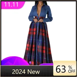 Ethnic Clothing 2024 Autumn Patchwork Plaid Sweet High-end Office Lady Full Sleeve Open Stitch High Waist Women Long A-Line Dress