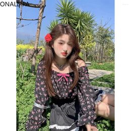 Women's Blouses Onalippa Small Fresh Floral Blouse Women Slash Neck Flare Long Sleeve Contrast Shirts Elastic Waist Wood Ear Hem Cake Mini