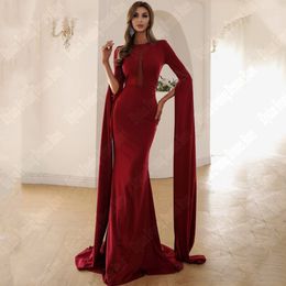 2024 Elegant True Red Evening Dresses Square Neck Shawl Long Sleeve Party Gowns Mermaid Special Celebrity Gowns For Lady Holiday