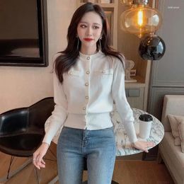 Women's Knits Knitted Cardigan Sweater Round Neck Contrast Color Bell Sleeve Woman Sweaters Femme Chandails Pull Hiver