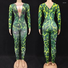 Stage Wear Female Stretch Green Leopard Jumpsuit Nightclub Gogo Dancer Clothes Long Sleeve Bodysuit Pole Dance Costume Rave Outfit