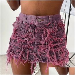 Skirts Cutenova Tassels Solid Vintage Denim Street Style Short Skirt Women Casual High Waist Skinny Bottom Streetwear Clothing 230628 Dhpjd