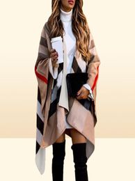 Scarves Autumn Winter Women Fashion Batwing Sleeve Coat Plaid Stripes Poncho Scarf Shawl Vintage Panchos Female9048945