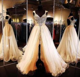 Luxury Sequins Beaded Prom Pageant Dresses With Detachable Train Open Backless See Through Evening Dresses Formal Party Gown7943342