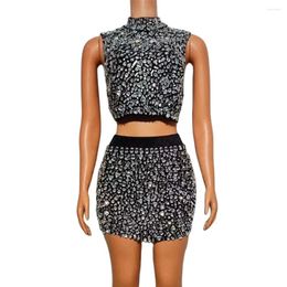 Stage Wear Luxurious Rhinestones Celebrate Evening Birthday Dress Crystals Top Short Skirt Two Pieces Set Performance Poshoot