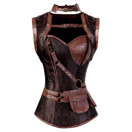 Steampunk Corsets for Women Gothic Corset Bustier Zipper Plus Size Vintage Faux Leather Corset Top Brown