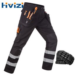 Pants Black Heavy Duty Work Pants Knee Pads with Many Zip Pockets hi vis Workwear Pants with Highlight Reflective Stripes Safari Style