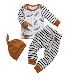 INS Baby Kids Clothing Sets Cartoon Feather And Stripped Print Boy 3 PCS Clothing set TopPantHat Clothing sets9546254