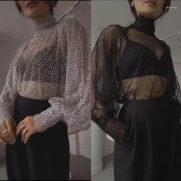 Gym Clothing Sexy Mesh Sequins Tops Women High Collar Sparkle Long Sleeve Pullover Female Fashion Summer Autumn Y2K Party Club Streetwear