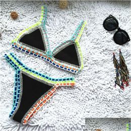 Women'S Swimwear Women S Micro Bikini Handmade Cloghet Knit Halter Work Bathing Suit Swimsuit Biquini Thong Traje De Bano 221231 Drop Dhfxv