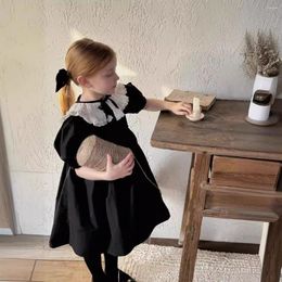 Girl Dresses Girls Clothing 2024 Summer Solid Black Fluffy Casual Lantern Sleeves Dress Lightweight Thin And Sweet Clothes