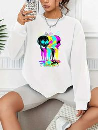 Women's Hoodies Sweatshirts Colourful Skull Print Pullover Casual Loose Fashion Long-Sleeved Sweatshirt Solid Colour Womens Top 240413