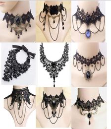 Halloween Sexy Gothic Chokers Crystal Black Lace Neck Collares Choker Necklace Vintage Victorian Women Chocker Steampunk Jewelry G4271626