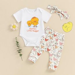 Clothing Sets 2024-03-07 Lioraitiin Toddler Baby Boy Girl Outfit Chick Print Short Sleeve Romper Elastic Waist Flower Pants Headband Set
