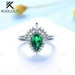 Cluster Rings Kuololit Nano Emerald Pear Gemstone For Women Solid 925 Sterling Silver Fine Jewellery Wedding Engagement Party Gift