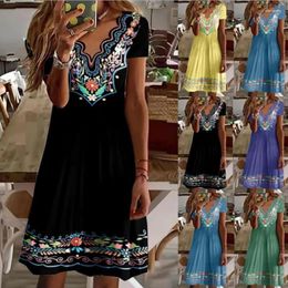Casual Dresses 2024wish Amazon Independent Station Fashion Printed V-neck Short Sleeve National Style Dress Women's Clothing
