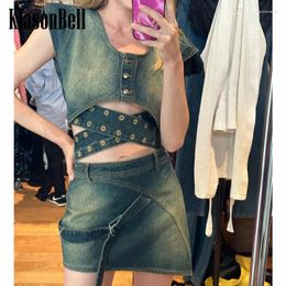 Work Dresses 4.2 KlasonBell Fashion Women's Streetwear Sexy Girl Cross Bandage Embroidery U-Neck Tank Top Or Denim Mini Skirt Set